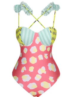 Online Retro Stage 1950s Cartoon Patchwork Swimsuit Multicolor