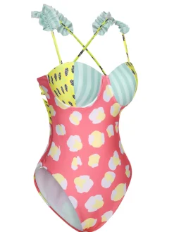Online Retro Stage 1950s Cartoon Patchwork Swimsuit Multicolor