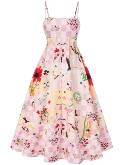 Best Retro Stage 1940s Checkerboard Floral Spaghetti Straps Dress Multicolor