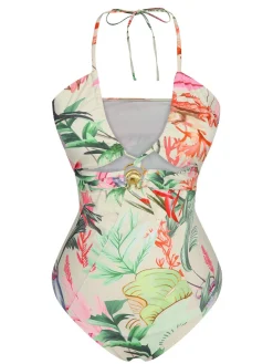 Clearance Retro Stage 1960s Chest Buckle One-Piece Swimsuit Multicolor