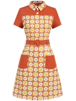 Online Retro Stage 1960s Daisy Lapel Belt Dress Multicolor