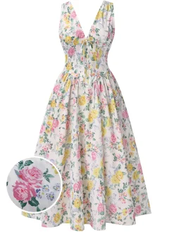 Discount Retro Stage 1950s Deep V-Neck Antique Floral Dress Multicolor