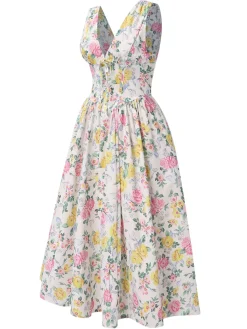 Discount Retro Stage 1950s Deep V-Neck Antique Floral Dress Multicolor