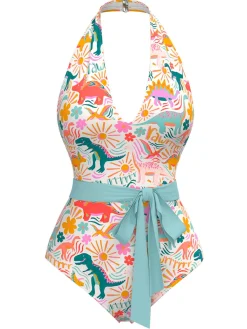 Hot Retro Stage 1950s Dinosaur Print Halter One-Piece Swimsuit Multicolor