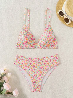 New Retro Stage 1950s Ditsy Floral Tie Back Bikini Set Multicolor