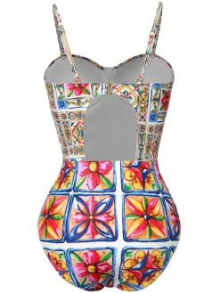 Hot Retro Stage 1970s Floral Back Cut-Out Swimsuit Multicolor