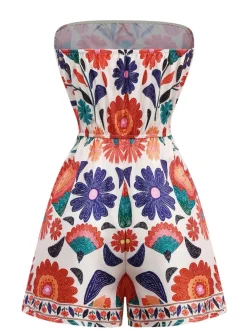 Best Retro Stage 1960s Floral Bandeau Backless Romper Multicolor