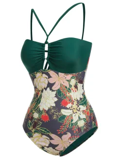 Hot Retro Stage 1960s Floral Halter One-Piece Swimsuit Multicolor
