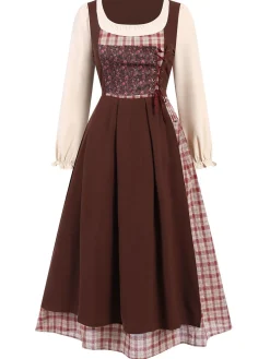 New Retro Stage 1940s Floral Plaid Pastoral Dress Multicolor