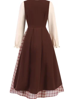 New Retro Stage 1940s Floral Plaid Pastoral Dress Multicolor