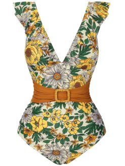 New Retro Stage Multicolor 1950s Floral Ring Belted Ruffles Swimsuit