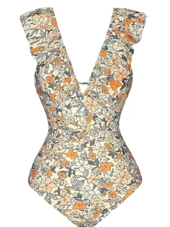 Online Retro Stage Multicolor 1950s Floral Ruffled Back Cut-Out Swimsuit Beige