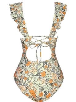 Online Retro Stage Multicolor 1950s Floral Ruffled Back Cut-Out Swimsuit Beige