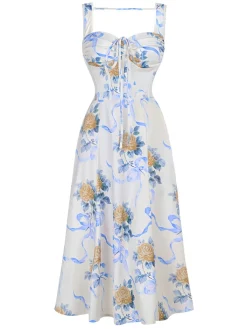 Discount Retro Stage 1940s Floral Strap Sleeveless Dress Multicolor