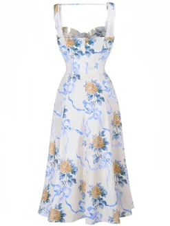 Discount Retro Stage 1940s Floral Strap Sleeveless Dress Multicolor
