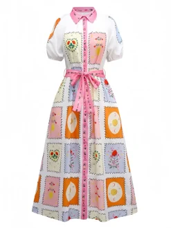 Discount Retro Stage 1930s Floral Sun Moon Belted Dress Multicolor