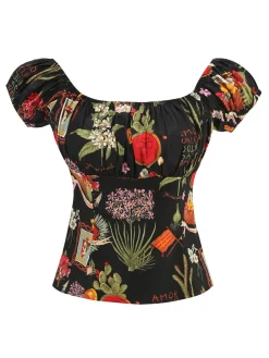 Best Retro Stage 1950s Floral U-Neck Cap Top Multicolor