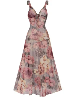 Fashion Retro Stage 1970s Floral V-Neck Straps Nightgown Multicolor