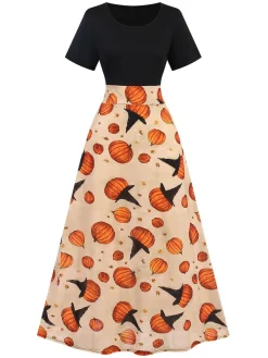 New Retro Stage 1950s Halloween Pumpkin Patchwork Dress Multicolor