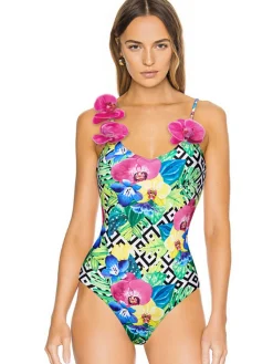 Clearance Retro Stage 1950s Halter Artificial Flowers Swimsuit Multicolor