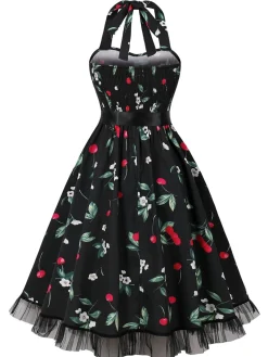 Fashion Retro Stage Multicolor 1950s Halter Floral Lace Hem Dress
