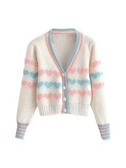New Retro Stage Multicolor 1960s Hearts Rose Button Cardigan