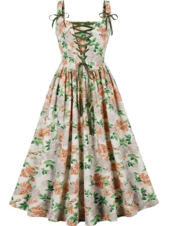 Hot Retro Stage 1950s Lace-Up Floral Dress Multicolor