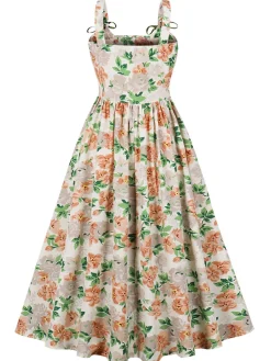 Hot Retro Stage 1950s Lace-Up Floral Dress Multicolor