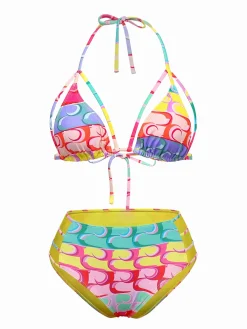 Fashion Retro Stage 1960s Lace-up Rainbow Halter Bikini Set Multicolor