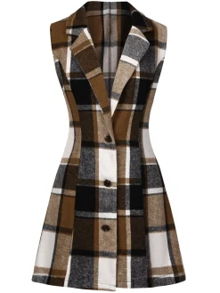 Online Retro Stage 1970s Lapel Plaid Sleeveless Coat Multicolor