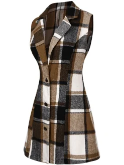 Online Retro Stage 1970s Lapel Plaid Sleeveless Coat Multicolor