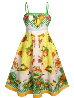 Clearance Retro Stage 1940s Lemonis Print Midi Dress Multicolor