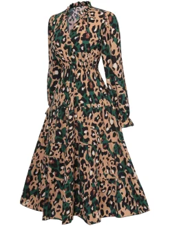 New Retro Stage 1940s Leopard V-Neck Layered Dress Multicolor