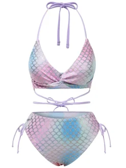 Online Retro Stage 1970s Mermaid Scales Halter Lace-Up Bikini Set Multicolor