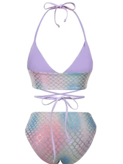 Online Retro Stage 1970s Mermaid Scales Halter Lace-Up Bikini Set Multicolor