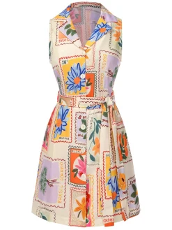 Outlet Retro Stage 1960s Notched Collar Floral Stamp Dress Multicolor
