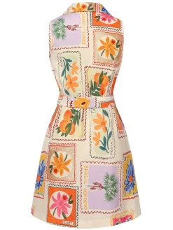 Outlet Retro Stage 1960s Notched Collar Floral Stamp Dress Multicolor