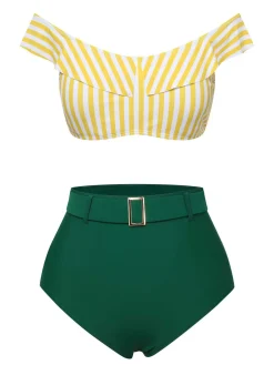 New Retro Stage 1930s Off-Shoulder Stripes Swimsuit Multicolor