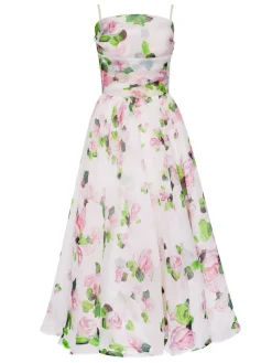 Online Retro Stage 1940s Organza Floral Spaghetti Straps Dress Multicolor