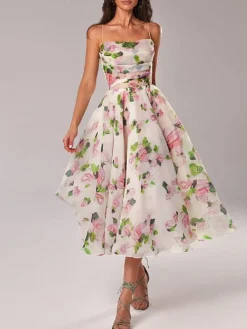 Online Retro Stage 1940s Organza Floral Spaghetti Straps Dress Multicolor