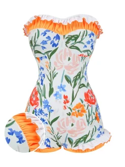Discount Retro Stage 1960s Painted Floral Bandeau One-Piece Swimsuit Multicolor
