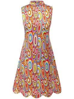 New Retro Stage 1960s Pearl Button Sleeveless Dress Multicolor