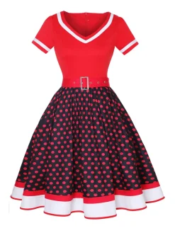 Sale Retro Stage Multicolor 1950s Polka Dots Patchwork Belted Dress
