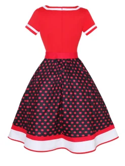 Sale Retro Stage Multicolor 1950s Polka Dots Patchwork Belted Dress