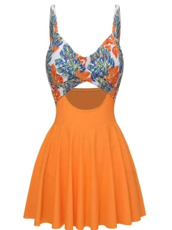 Sale Retro Stage 1960s Print Spaghetti Strap Swimsuit Multicolor
