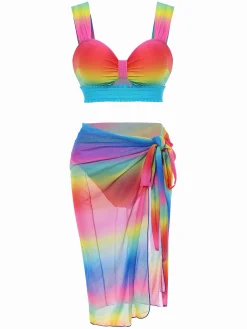 Fashion Retro Stage 1960s Rainbow Gradient Ruched Bikini Set & Cover-Up Multicolor