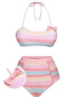 Discount Retro Stage Multicolor 1960s Mesh Bow Swimsuit Rainbow