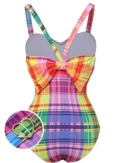 Best Retro Stage Multicolor 1970s Plaid Bow Swimsuit Rainbow