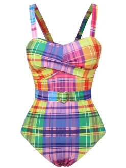 Best Retro Stage Multicolor 1970s Plaid Bow Swimsuit Rainbow