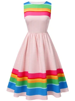 Best Retro Stage 1950s Rainbow Striped Boat Neck Dress Multicolor